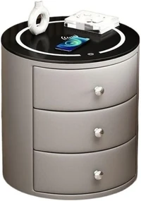 RESIGILAT- Noptieră inteligentă multifuncțională rotundă, 3 sertare, iluminare LED-uri Touch, încărcare fără fir, încărcare USB, difuzor Bluetooth, sticlă securizată, Gri