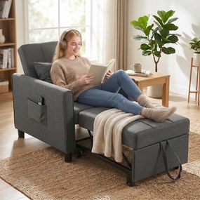 HOMCOM Fotoliu Pat Single 3 în 1 din Material Textil Tip In și Lemn cu Spătar Reclinabil, Pernă, Buzunare, Gri | Aosom Romania