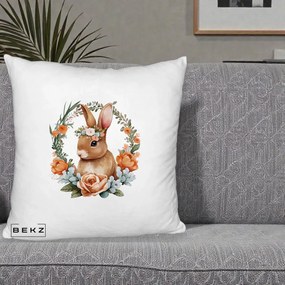 Perna Decorativa Iepuras Floral Coronita Acuarela, 40x40 cm, Alb Pufos, Husa Detasabila, Perna Inclusa, BEKZ®