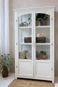 Vitrină din lemn masiv cu uși din sticlă și rafturi, finisaj crem antichizat, 97×41×170 cm