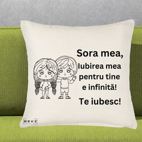 Cadou pentru Sora - Perna Personalizata Sora Mea Te Iubesc Copii Anime Line Art, 40x40 cm, Crem Reliefat, Husa Detasabila, Perna Inclusa, BEKZ®