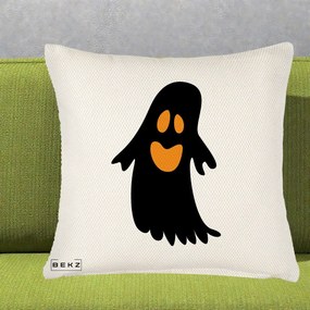 Perna Decorativa Halloween Fantoma Neagra cu Ochi Portocalii, 40x40 cm, Crem Reliefat, Husa Detasabila, Perna Inclusa, BEKZ®