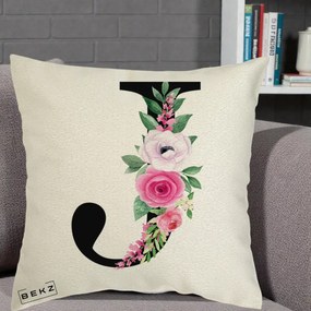 Cadou Personalizat - Perna Personalizata Monograma Florala Litera J, 40x40 cm, Ecru, Husa Detasabila, Perna Inclusa, BEKZ®