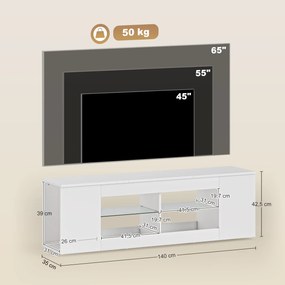 HOMCOM Suport TV 140 cm, comodă TV, 6 compartimente, 2 rafturi din sticlă, PAL, Alb | Aosom Romania