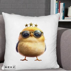 Perna Decorativa Pui Gold Star cu Ochelari Aurii, 40x40 cm, Alb Pufos, Husa Detasabila, Perna Inclusa, BEKZ®