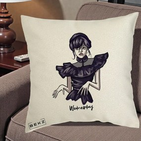Perna Personalizata Wednesday Addams Dans Gotic, 40x40 cm, Ecru, Husa Detasabila, Perna Inclusa, BEKZ®