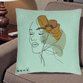 Perna Decorativa Portret Feminin Mac Mare Portocaliu, 40x40 cm, Verde Menta, Husa Detasabila, Perna Inclusa, BEKZ®
