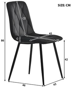 Set de 4 scaune tapițate în catifea twill pentru sala de mese cu spătar, structură din metal, 45x40x86 cm, Negru