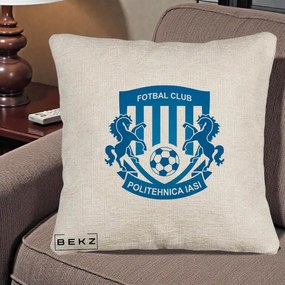 Perna Personalizata FC Politehnica Iasi Fotbal, 40x40 cm, Bej Canapea, Husa Detasabila, Perna Inclusa, BEKZ®