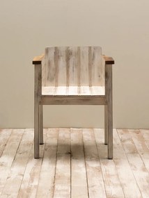 Scaun dining cu brațe din lemn de mango, bej, cu laturi din lamele profilate și bordură natur, finisaj patinat, 77 x 58 x 50 cm, „Zoute”
