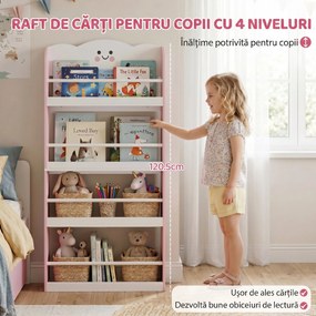 AIYAPLAY Bibliotecă Montessori Copii 3-6 Ani, Tematică Vată de Zahăr, 4 Rafturi din Lemn, Cameră Copii, Roz | Aosom Romania