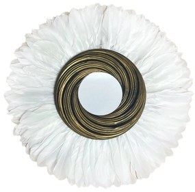 Oglinda decorativa de perete cu pene albe ROUSS WHITE, 55 cm