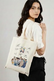 Sacosa de Panza pentru Cumparaturi, Geanta Tote, model BTS Army 9 cu semnaturii, 38x34.5 cm, Alba, BEKZ®