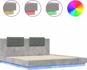 vidaXL Cadru de pat cu tăblie și lumini LED, gri beton, 200x200 cm