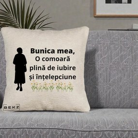 Cadou pentru Bunica - Perna Personalizata Bunica Mea Comoara Iubire Intelepciune Silueta cu Nepoata, 40x40 cm, Bej Canapea, Husa Detasabila, Perna Inclusa, BEKZ®