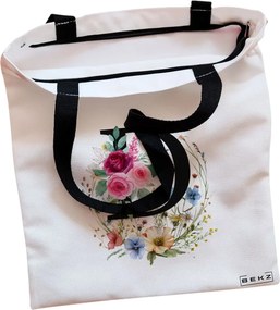 Sacosa de Panza pentru Cumparaturi, Geanta Tote, Cu litera D in Coronita Florala, Cu fermoar, 38x34.5 cm, Alba, BEKZ®