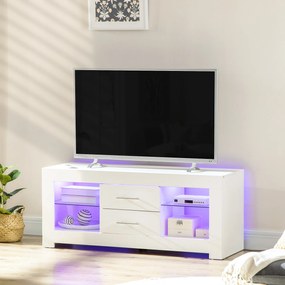 Comoda TV de 55" cu lumini LED in 12 culori si telecomanda, mobilier pentru camera de zi din lemn cu etajere din sticla 120x40x50cm, alb | AOSOM RO