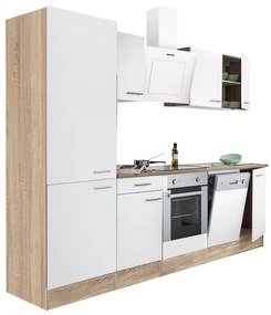 Mobilă de bucătărie Yorki 280, corp din stejar sonoma, față alb satinat cu element inferior al cuptorului, dulap cu raft