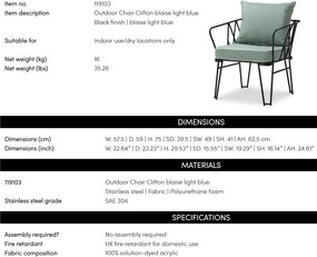 Scaun design LUX pentru exterior, Tesatura, Metal, Clifton blaise light blue