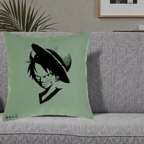 Perna Personalizata One Piece Luffy Silueta Alb-Negru, 40x40 cm, Verde, Husa Detasabila, Perna Inclusa, BEKZ®