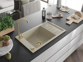 Mexen Elias chiuvetă din granit cu 1 compartiment cu scurgător 795 x 480 mm, bej, sifon auriu - 6511791005-69-G
