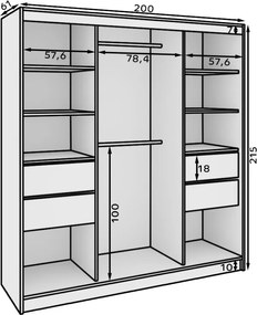 Dulap cu usi glisante, 200x61x215 cm, Keri 200, ADRK Furniture (Culoare: Alb / Negru)
