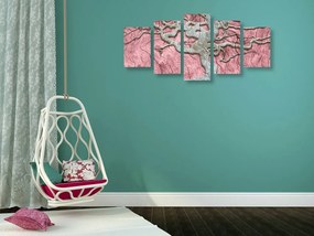 Tablou 5-piese copacul abstract pe lemn cu contrast roz