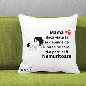 Cadou pentru Mama - Perna Personalizata Mama Nemuritoare Imbratisare Copil, 40x40 cm, Alba Mata, Husa Detasabila, Perna Inclusa, BEKZ®