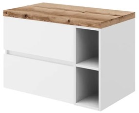 Set mobilier alb pentru lavoar pe blat, Genova 80 cm, cu blat stejar