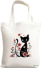 Sacosa de Panza pentru Cumparaturi, Geanta Tote, model Cat and Flowers 8, 38 x 34.5 cm, Alba, BEKZ®