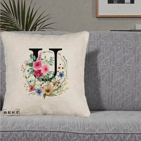 Cadou Personalizat - Perna Personalizata Monogram Litera U cu Flori Acuarela, 40x40 cm, Bej Canapea, Husa Detasabila, Perna Inclusa, BEKZ®