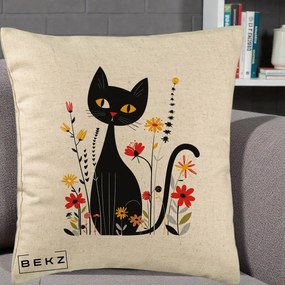 Perna Decorativa Pisica Neagra Ochi Galbeni Flori, 40x40 cm, Bej, Husa Detasabila, Perna Inclusa, BEKZ®