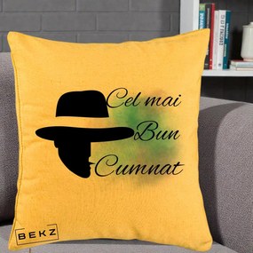 Cadou pentru Cumnat - Perna Personalizata Cel mai Bun Cumnat cu Silueta Palarie si Pete Teal-Roz, 40x40 cm, Galben, Husa Detasabila, Perna Inclusa, BEKZ®