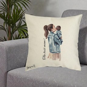 Cadou pentru Mama - Perna Personalizata The Best Mom Jachete, 40x40 cm, Ecru, Husa Detasabila, Perna Inclusa, BEKZ®