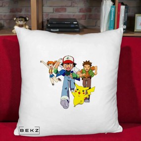 Perna Personalizata Pokemon Ash Misty Brock si Pikachu, 40x40 cm, Alb Pufos, Husa Detasabila, Perna Inclusa, BEKZ®