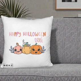 Perna Decorativa Happy Halloween Boo Trei Dovlecei Kawaii, 40x40 cm, Alb Pufos, Husa Detasabila, Perna Inclusa, BEKZ®