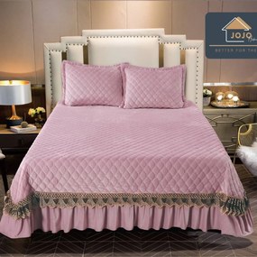 Cuvertura de pat cu volane si broderie, catifea, 3 piese, pat 2 persoane, roz, CCBJ-12