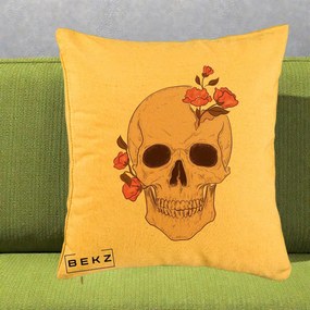 Perna Decorativa Craniu Floral Gothic, 40x40 cm, Galben, Husa Detasabila, Perna Inclusa, BEKZ®