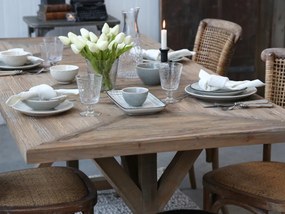 Masă dining din lemn reciclat, natur, 10 locuri, cu bază în formă de capră, 77 x 200 x 90 cm, „Old French”