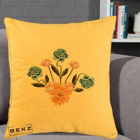 Perna Decorativa Buchet Primavara Acuarela, 40x40 cm, Galben, Husa Detasabila, Perna Inclusa, BEKZ®