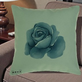 Perna Decorativa Trandafir Albastru Acuarela, 40x40 cm, Verde, Husa Detasabila, Perna Inclusa, BEKZ®