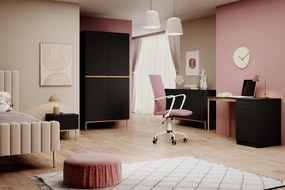 Dulap Nicole 100 cm dormitor cu două sertare - negru mat / picioare aurii