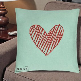 Perna Decorativa Inima Rosie Desen Manual, 40x40 cm, Verde Menta, Husa Detasabila, Perna Inclusa, BEKZ®