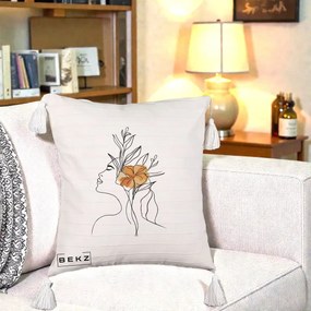Perna Decorativa Portret Feminin Floare Portocalie Lateral, 40x40 cm, Bej cu Franjuri, Husa Detasabila, Perna Inclusa, BEKZ®