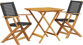 vidaXL Set mobilier bistro, 3 piese, negru, poliratan și lemn masiv
