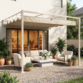 Outsunny Pergolă de perete pentru grădină 3x3 m cu acoperiș retractabil, protecție UPF30+, drenaj, pavilion de grădină pentru exterior, bej | Aosom Romania