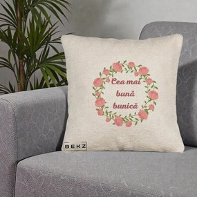 Cadou pentru Bunica - Perna Personalizata Cea Mai Buna Bunica Coronita Trandafiri Roz Clasic, 40x40 cm, Bej Canapea, Husa Detasabila, Perna Inclusa, BEKZ®