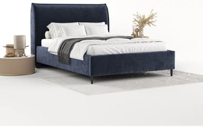 Pat matrimonial albastru închis tapițat cu spațiu de depozitare cu somieră 140x200 cm Shell – Maison de Rêve