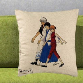 Perna Personalizata Gintama Trio Gintoki Shinpachi Kagura, 40x40 cm, Bej, Husa Detasabila, Perna Inclusa, BEKZ®