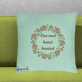 Cadou pentru Bunica - Perna Personalizata Cea Mai Buna Bunica Coronita Trandafiri Roz Clasic, 40x40 cm, Verde Menta, Husa Detasabila, Perna Inclusa, BEKZ®